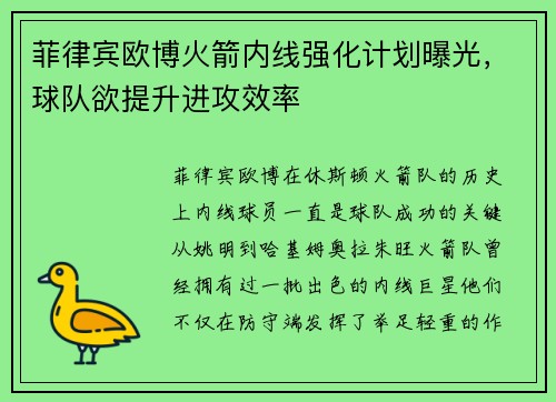 菲律宾欧博火箭内线强化计划曝光，球队欲提升进攻效率