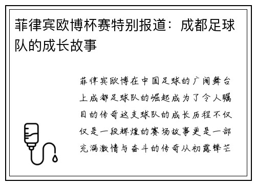 菲律宾欧博杯赛特别报道：成都足球队的成长故事